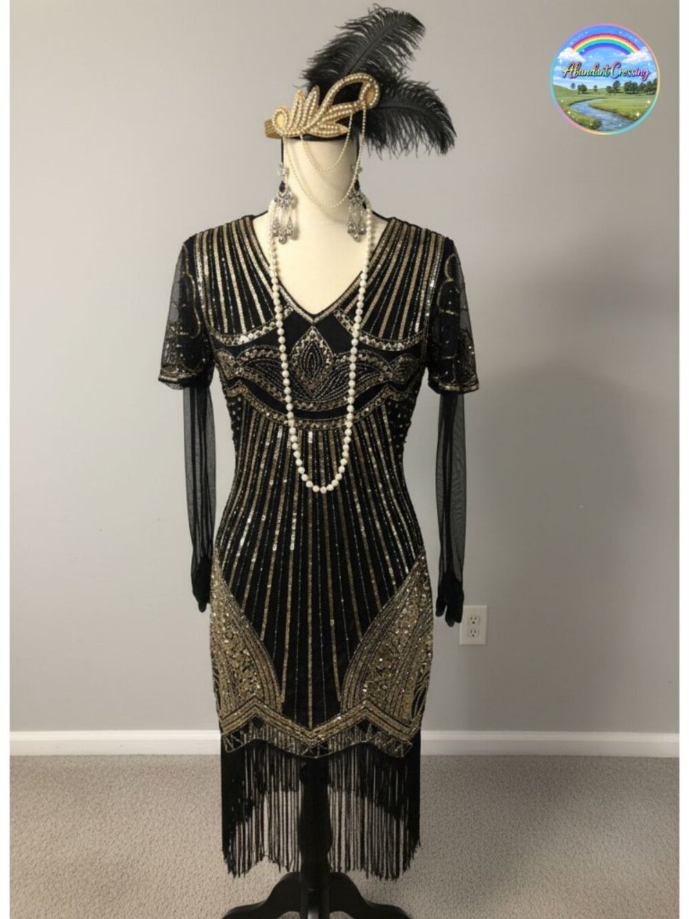 1920s Flapper Dress Sequin Beaded Sleeves Fringe Gatsby Costume Set